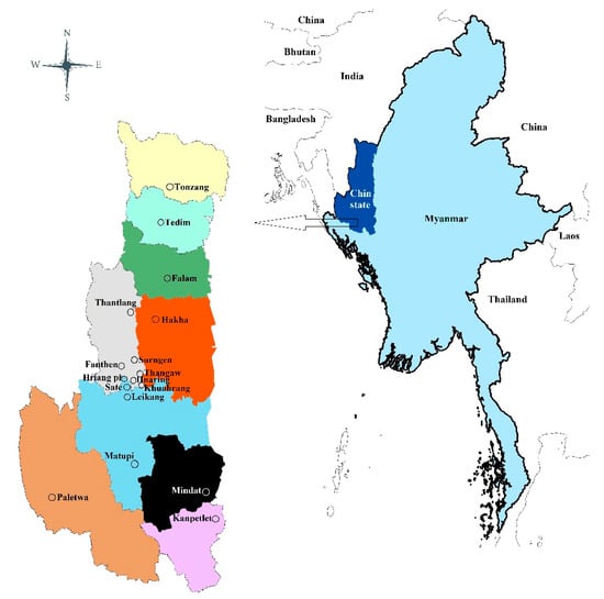 Location of Chin State in Myanmar (deep blue color on the left) and the communities, including Falam, Hakha, Kanpetlet, Lutuv (Hnaring, Hriangpi, Khuahrang, Leikang, Sate, Surngen, Thangaw, Matupi, Mindat, Tedim, and Thantlang, where ethnobotanical data related to the traditional textile dyeing plants were collected (left).