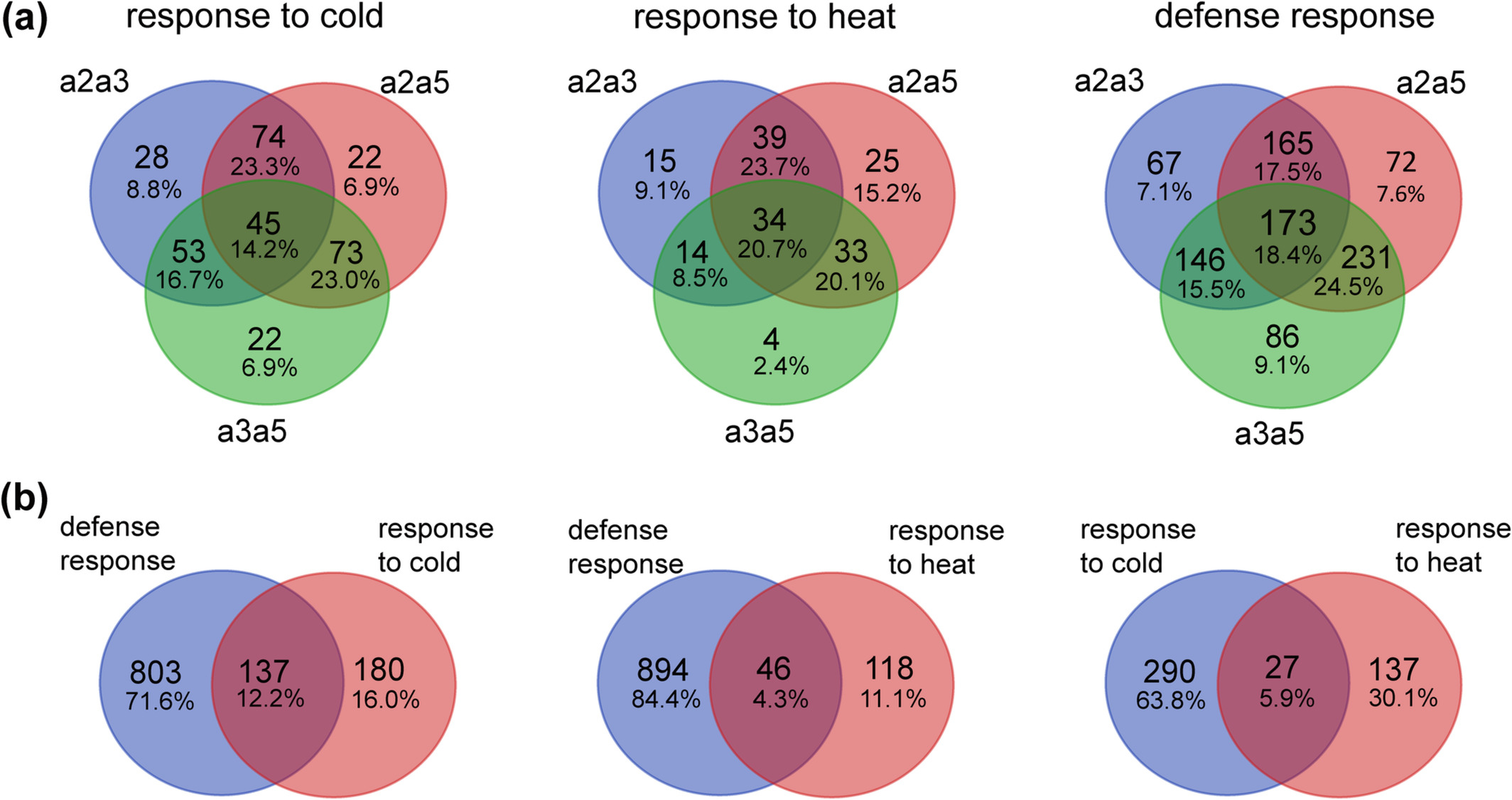 Venn map between different groups of differentially expressed genes (DEGs). (a) Venn map between term-specific a2a3, a2a5, and a3a5 DEGs. (b) Venn map between DEGs (combination of a2a3, a2a5, and a3a5) enriched for defense response and response to cold or response to heat and between response to cold and response to heat.